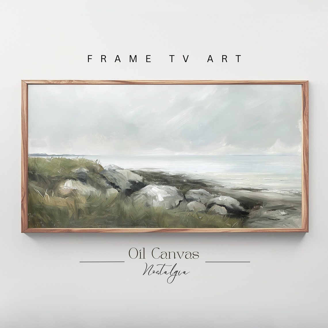 Misty Gray Green Coastal Shore Rocky Beach Vintage Seascape Poster