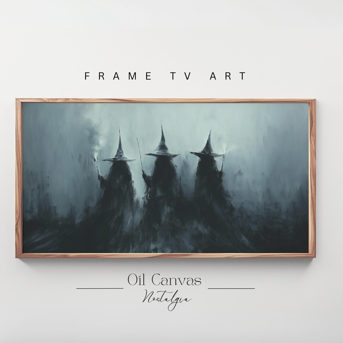 Mysterious Witches Dark Hats Foggy Teal Night Moody Halloween Wall Art