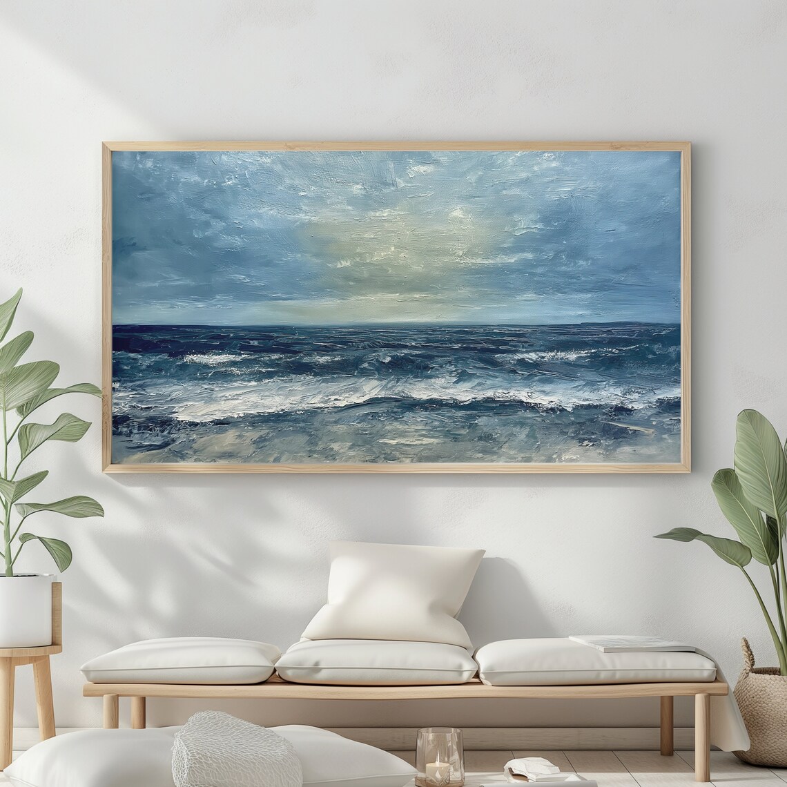 Frame Tv Art Abstract Beach Oil Painting Summer Sea Art Ocean Frame Tv Art Landscape Blue Nautical Seascape - Image 2