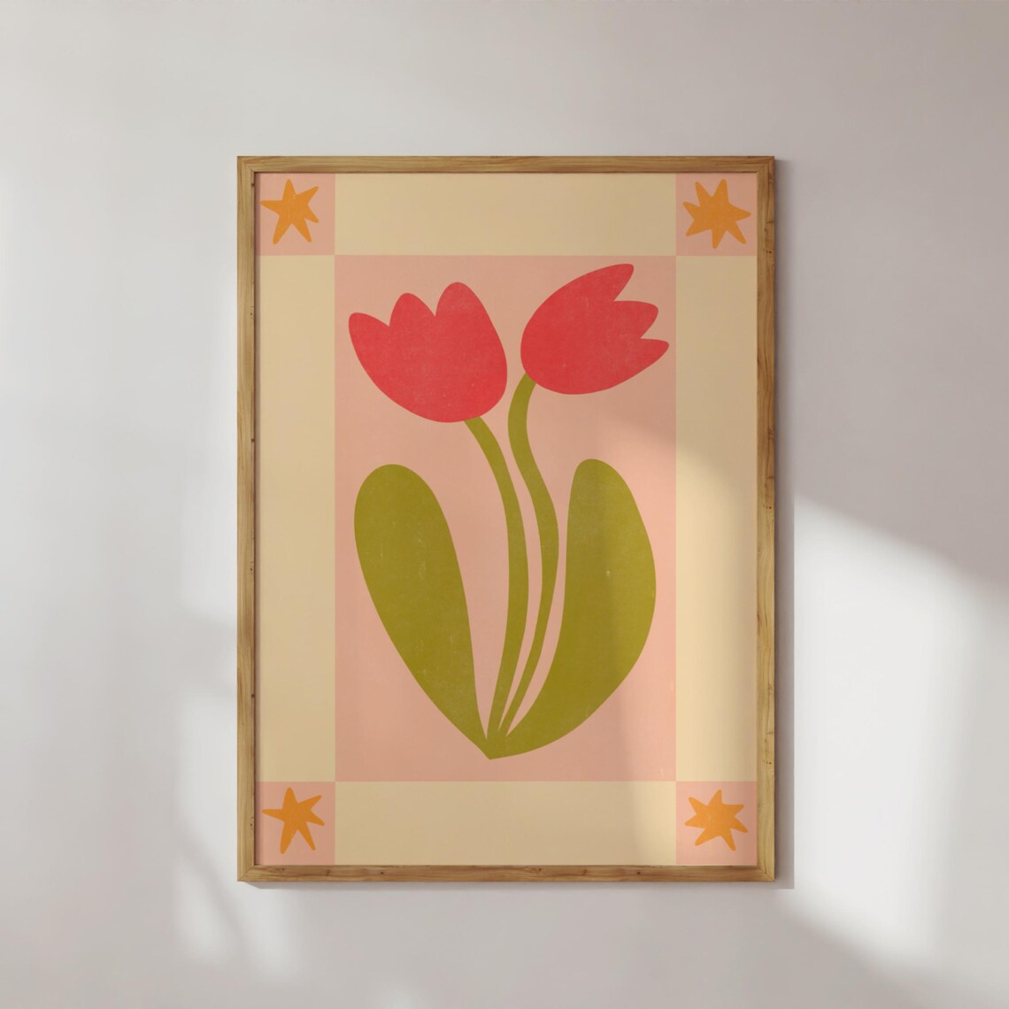 Red Tulips Star Border Scandinavian Folk Botanical Art Poster