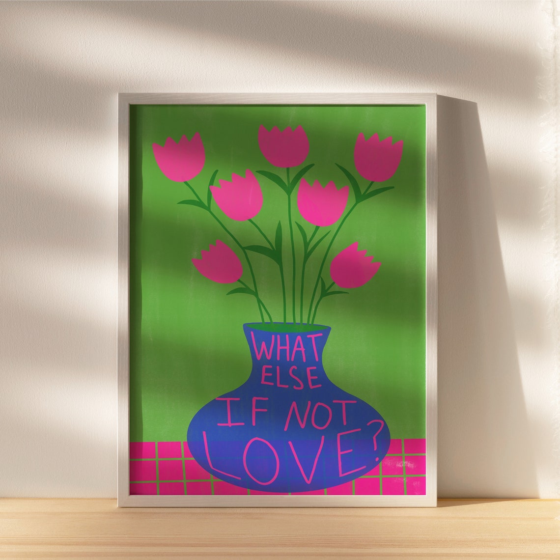 Blue Vase With Pink Tulips and What Else If Not Love Quote Poster - Image 2