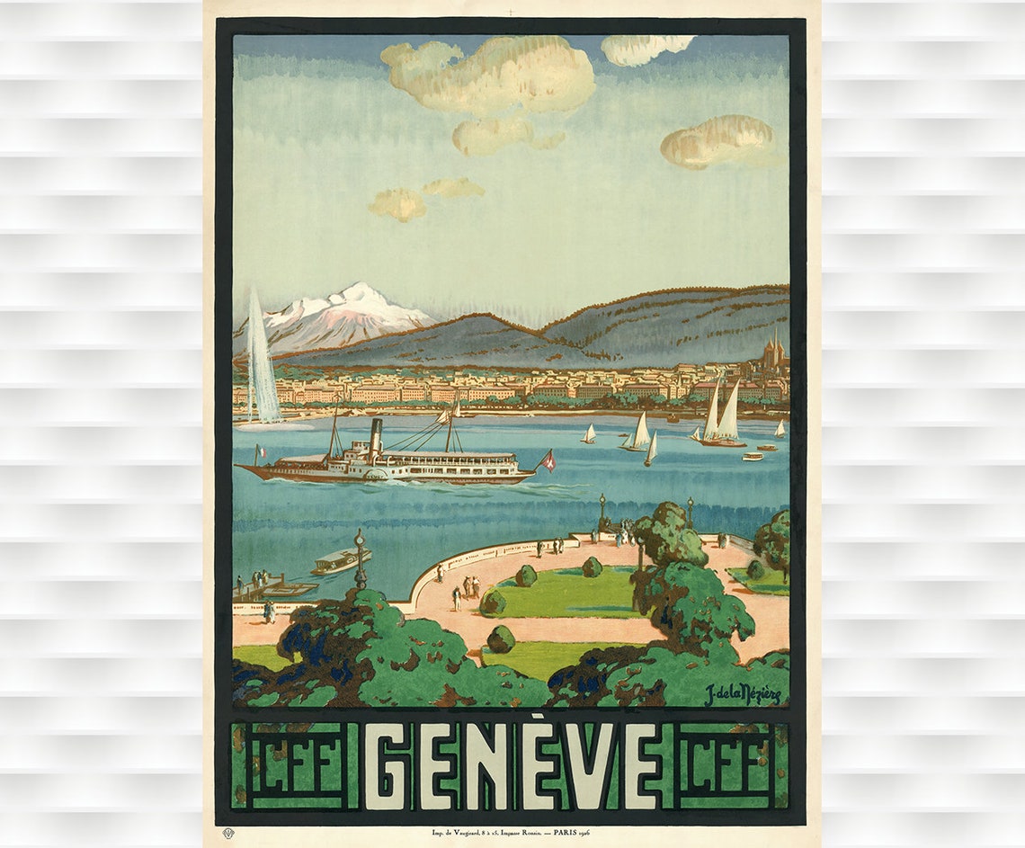 Geneva Switzerland Lake Steamer Mont Blanc Vintage Travel Poster