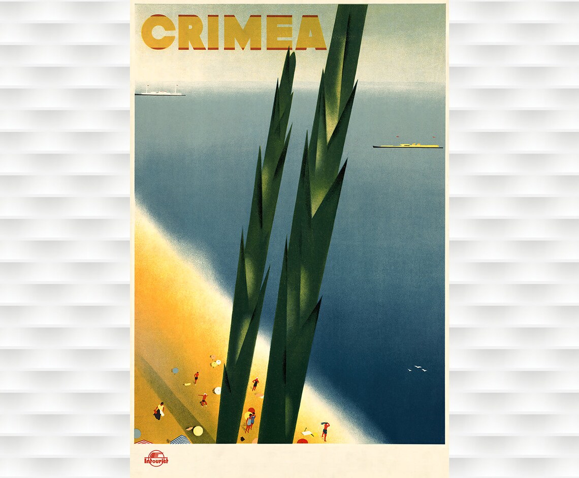 Crimea Intourist Soviet Beach Resort Vintage Cypress Travel Poster