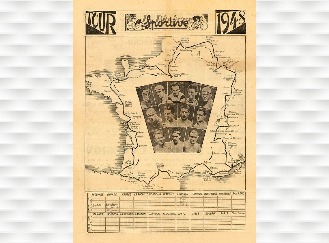 Tour 1948 Vintage French Cycling Race Route Map Newspaper Poster