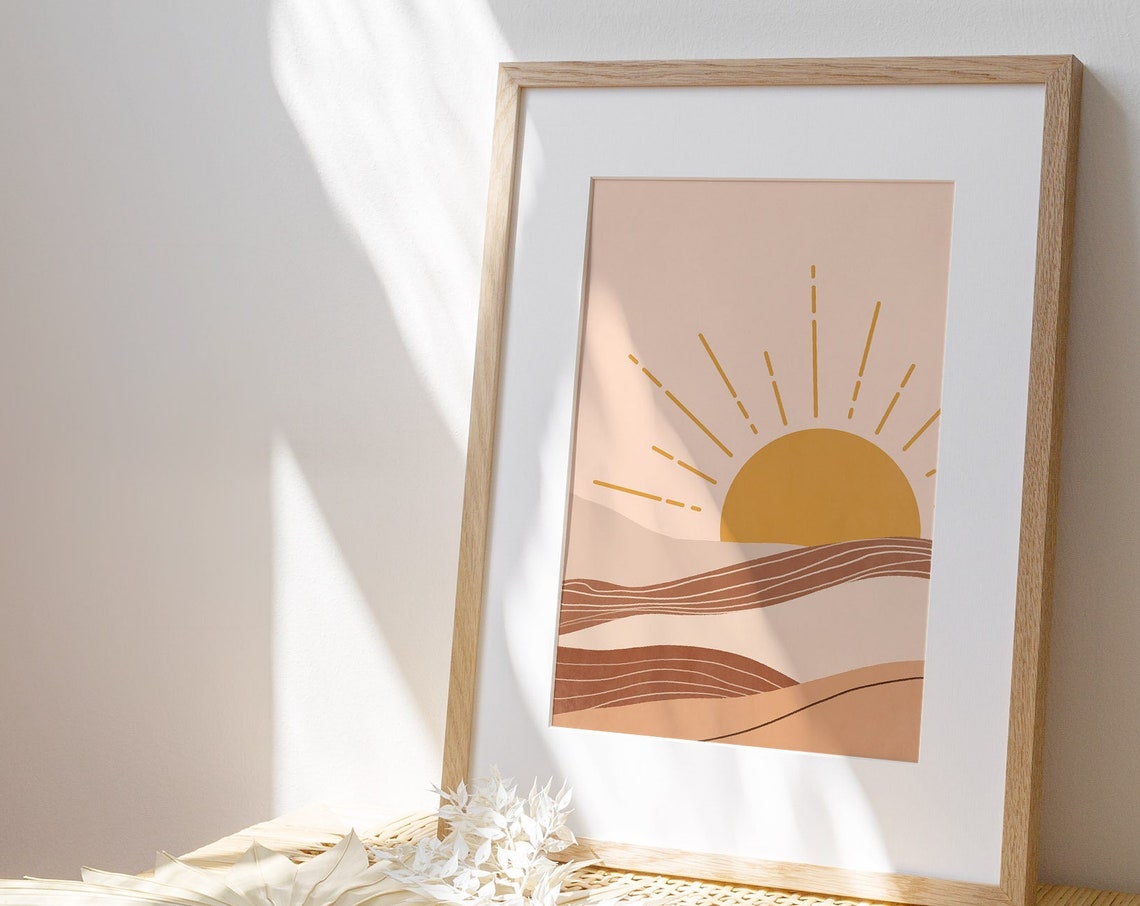 Sunrise Print Bohemian Mountain Landscape Illustration Neutral Wall Art Landscape Art Print Terracotta Wall Art Boho Art Prints