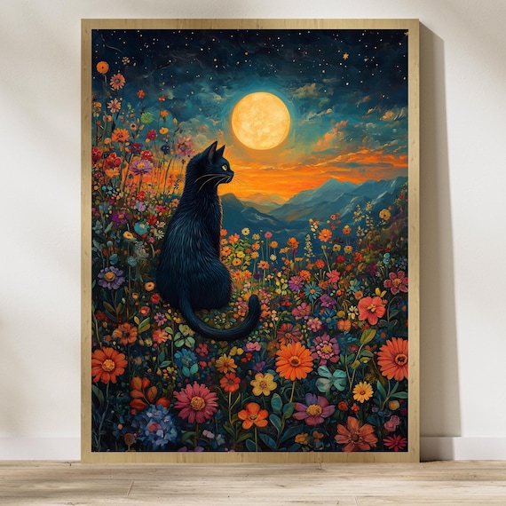 Floral Black Cat Moonlit Starry Night Art Print