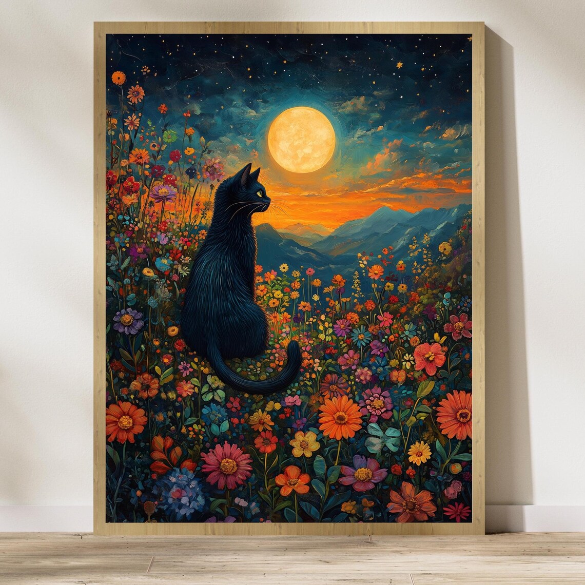 Floral Black Cat Moonlit Starry Night Art Print