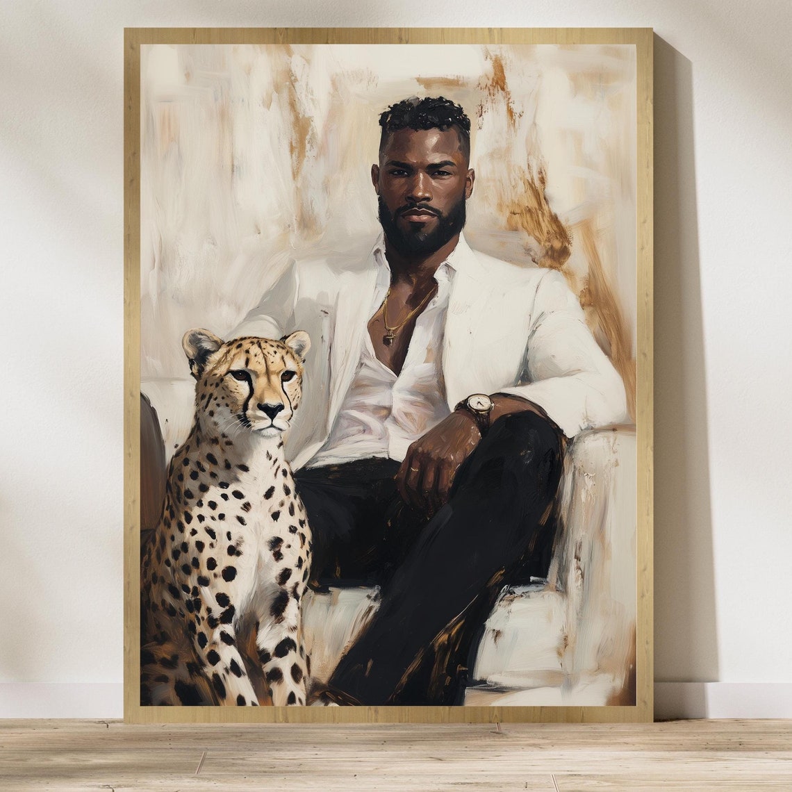 Regal Man In White Suit Posing With Cheetah Statement Poster