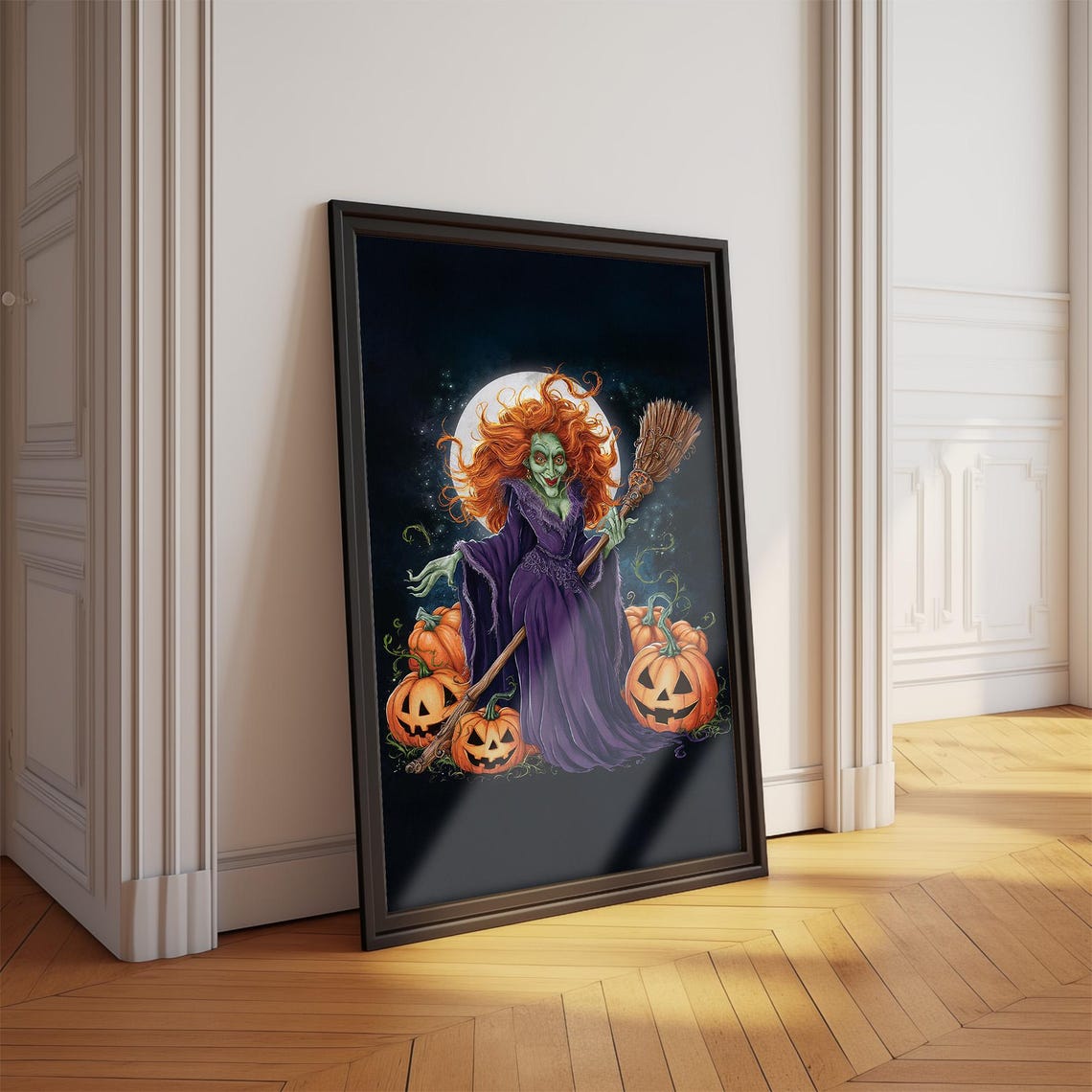 Happy Halloween Red Haired Witch Broomstick Full Moon Pumpkins Poster