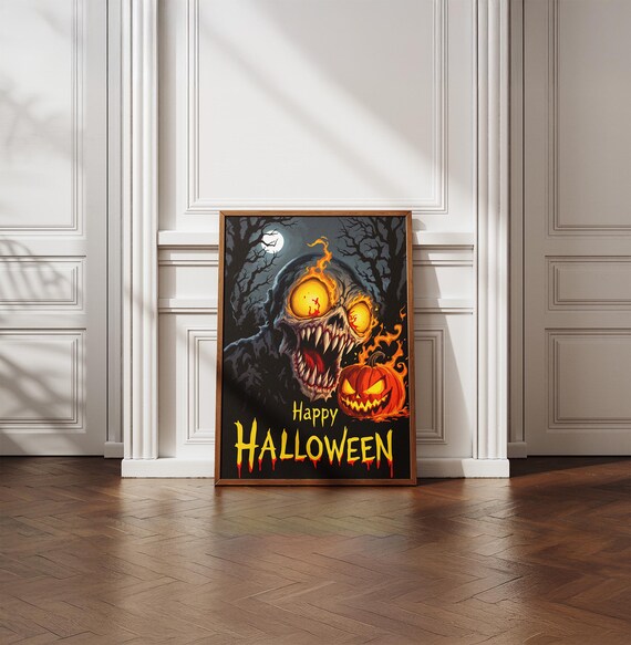 Happy Halloween Screaming Demon Face Pumpkin Monster Spooky Art Poster