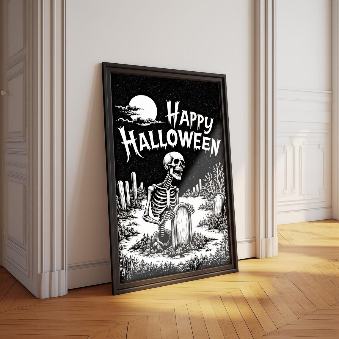 Happy Halloween Skeleton In Graveyard Vintage Engraving Poster