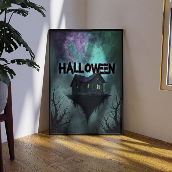 Halloween Floating Haunted House In Misty Teal Sky Dark Poster