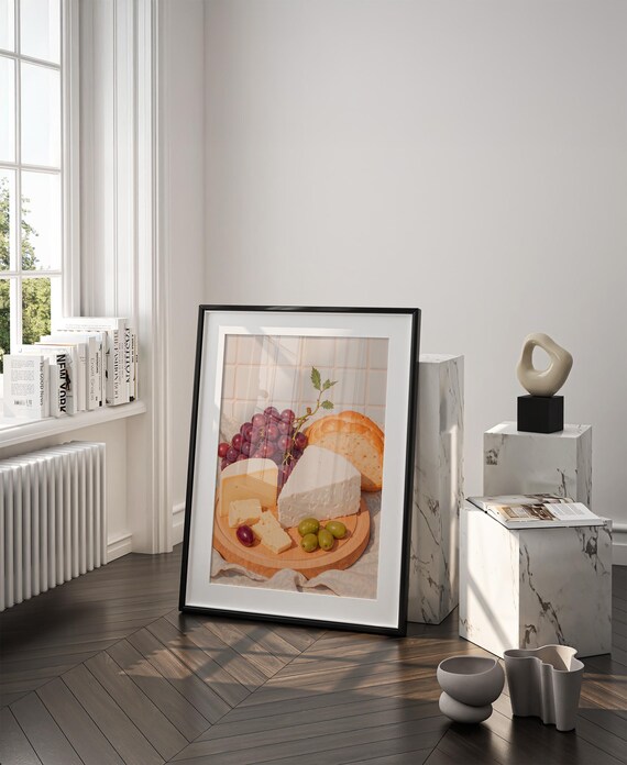 Cheese Board Grapes Bread Olives Rustic Kitchen Photo Art Poster