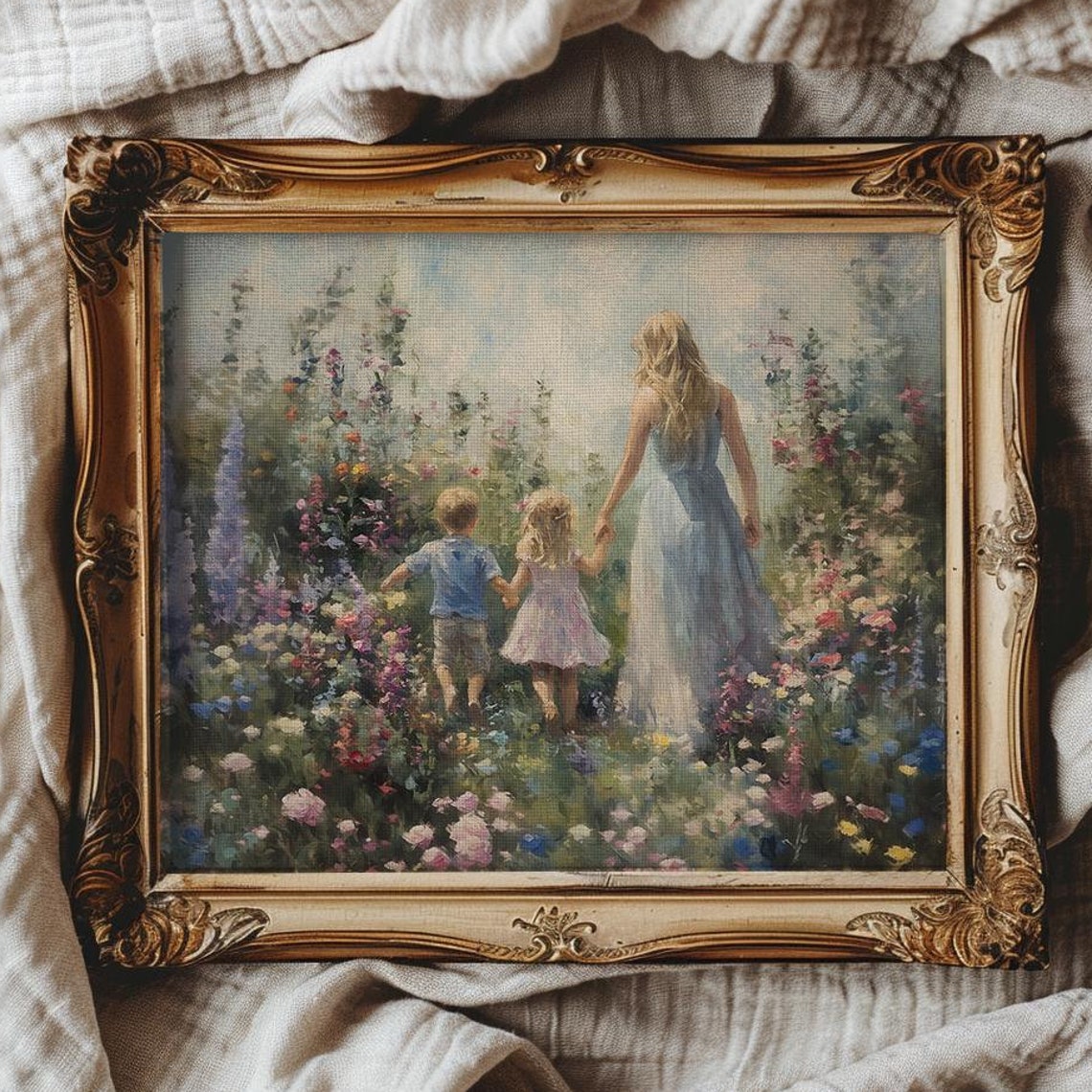 Mother With Son And Daughter Walking Through Flower Garden Poster