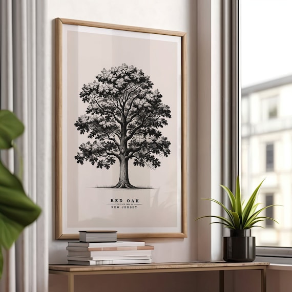 Red Oak New Jersey State Tree Vintage Botanical Sketch Poster Art