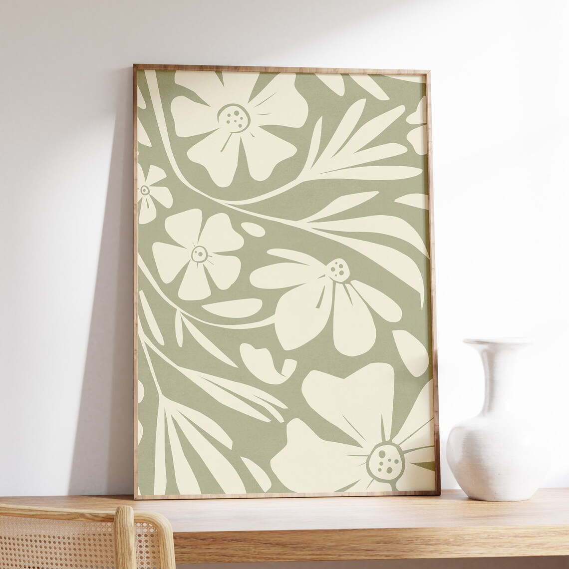 Sage Green Botanical Cream Flowers Floral Mid Century Wall Poster