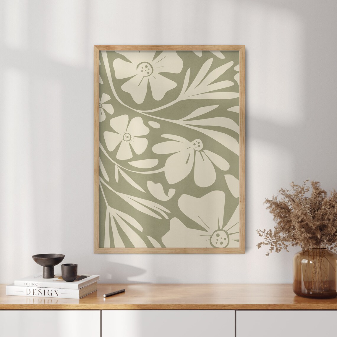 Sage Green Botanical Cream Flowers Floral Mid Century Wall Poster - Image 4