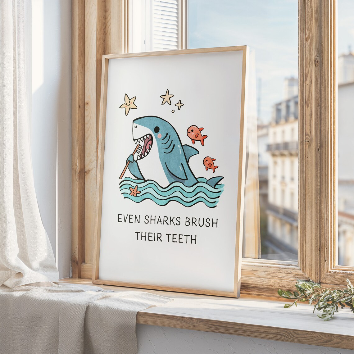 Even Sharks Brush Their Teeth Cute Shark Kids Bathroom Art Poster - Image 3