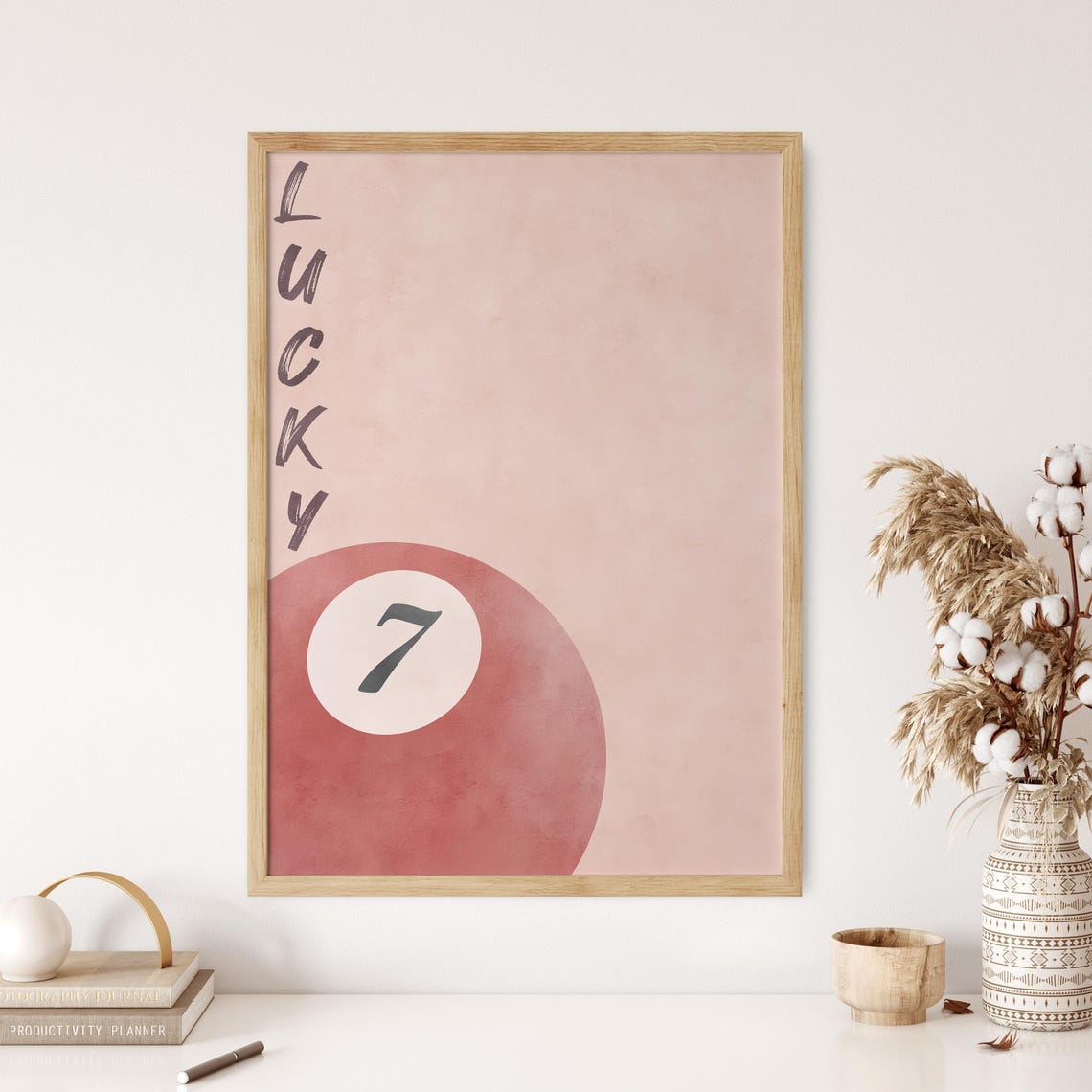 Chic Lucky 7 Red Pool Ball Watercolor Preppy Blush Decor Poster - Image 2