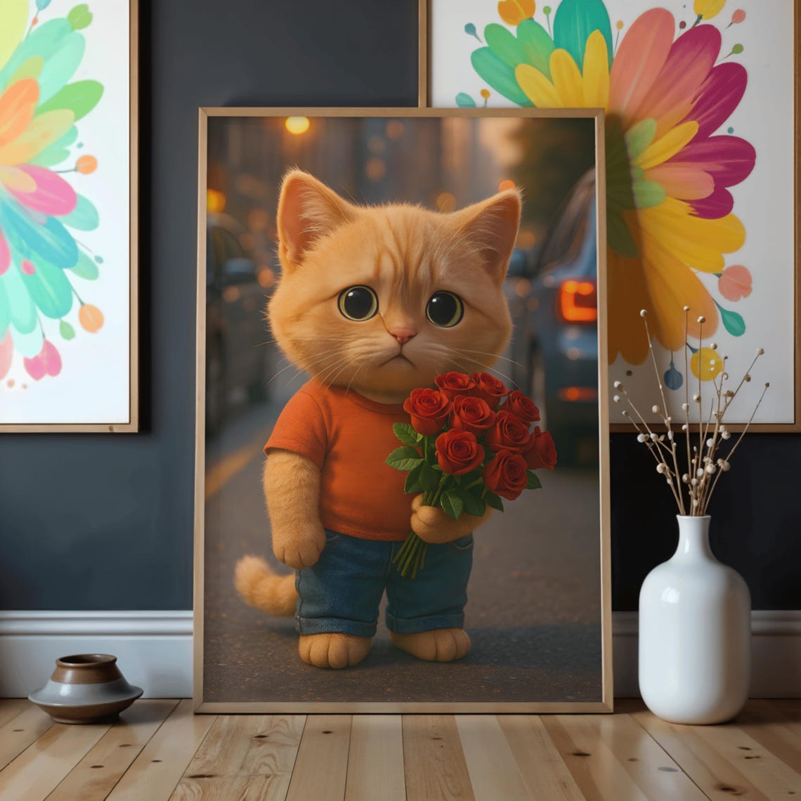 Kitty Holding Roses Cute Cat Illustration Art Print Kids Room Gift
