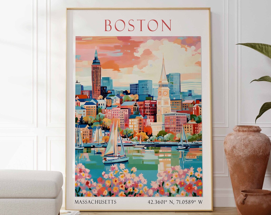 Boston Harbor Sailboats Skyline Flowers Massachusetts Travel Poster