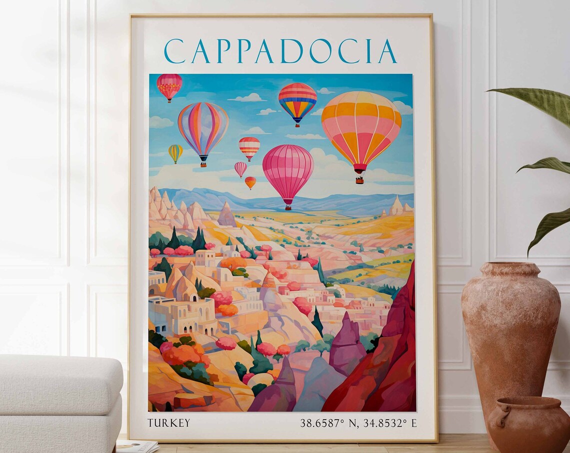 Cappadocia Turkey Pink Sunrise Balloons and Fairy Chimneys Poster