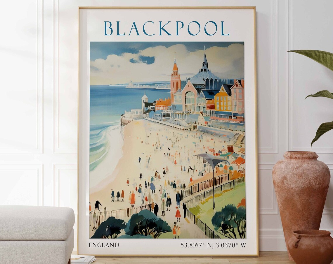 Blackpool England Travel Poster Beach Promenade Painting Art
