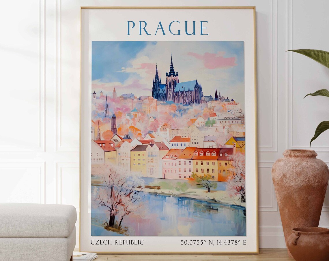 Prague Czech Republic Travel Poster Castle River Watercolor Scene