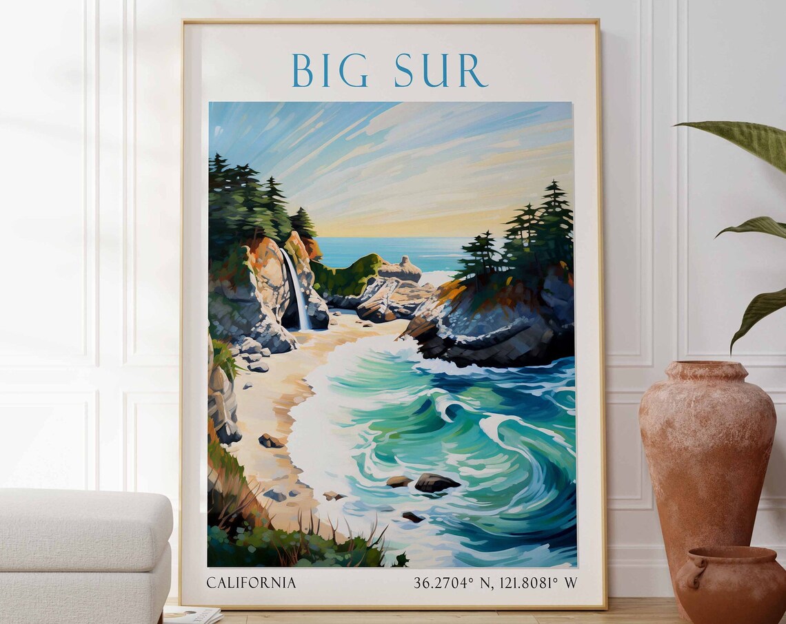Big Sur Rocky Cove Waterfall Pacific Coast California Travel Poster