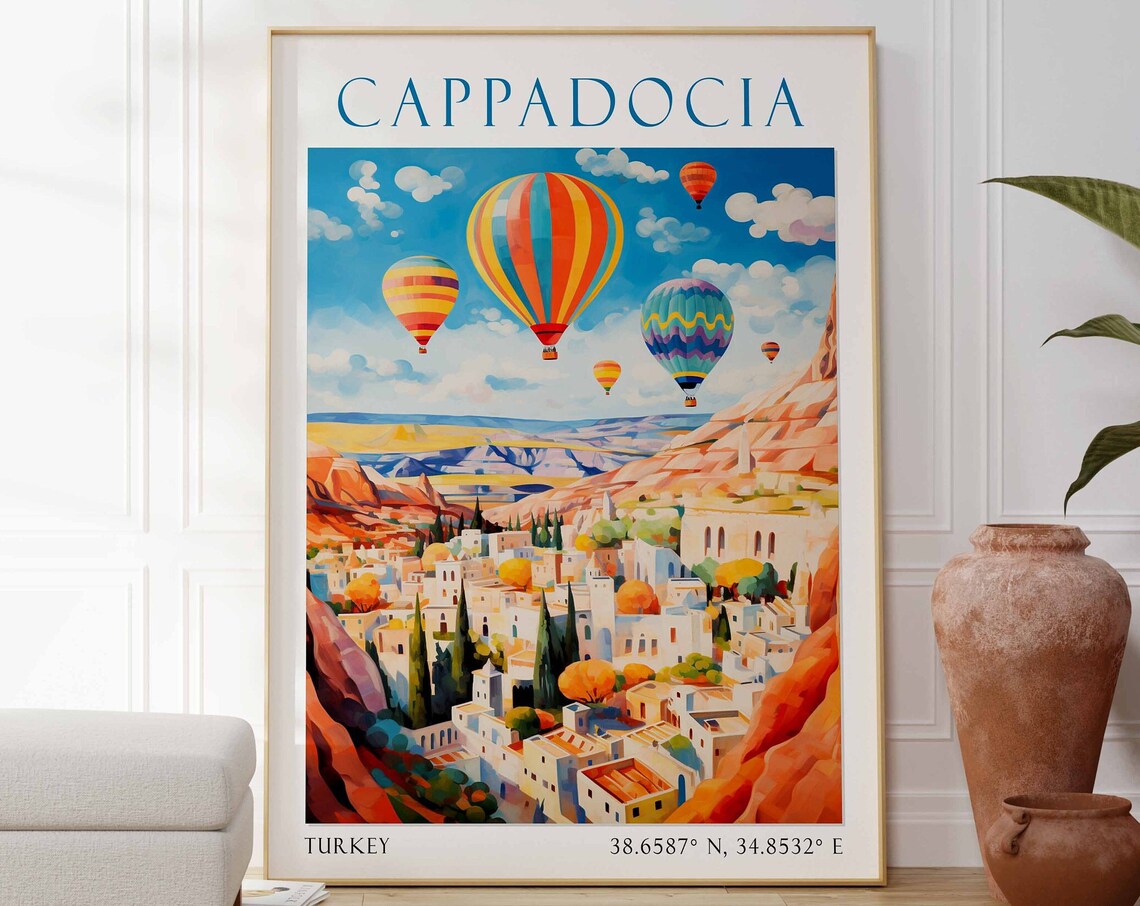 Cappadocia Turkey Hot Air Balloons Over Hillside Town Travel Poster