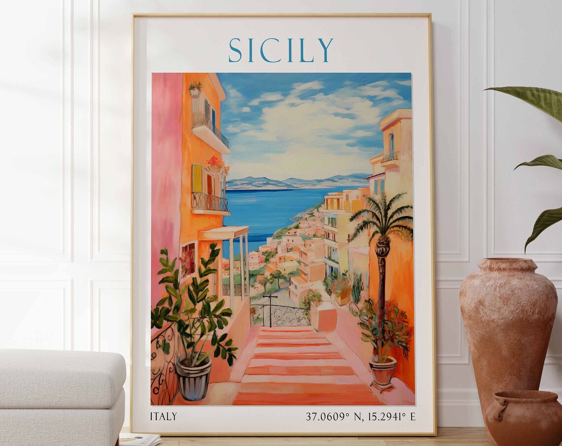 Sicily Italy Coastal Staircase Street with Sea View Travel Poster