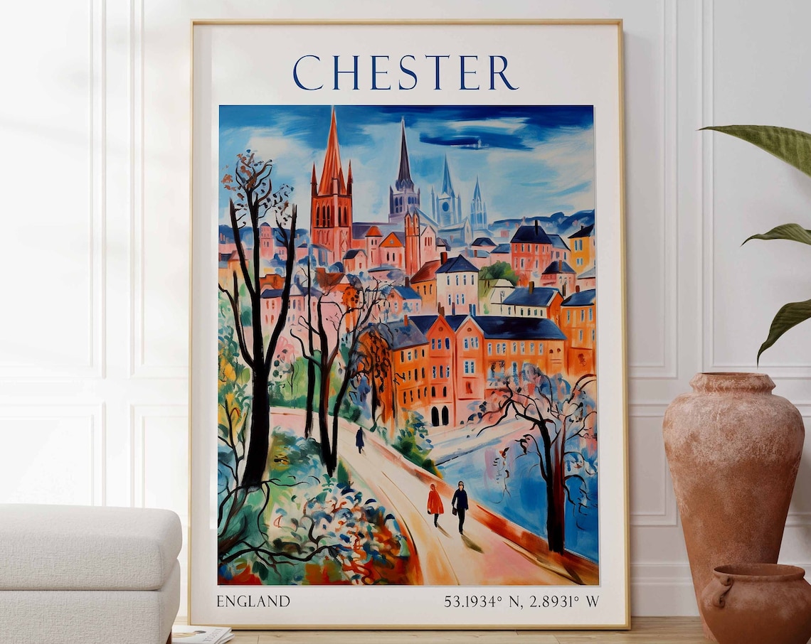 Chester England Travel Poster Cathedral Towers River Walk Art