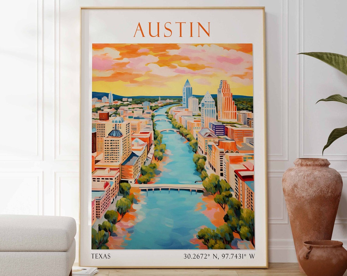 Austin Texas Sunset River Through Downtown Skyline Travel Poster