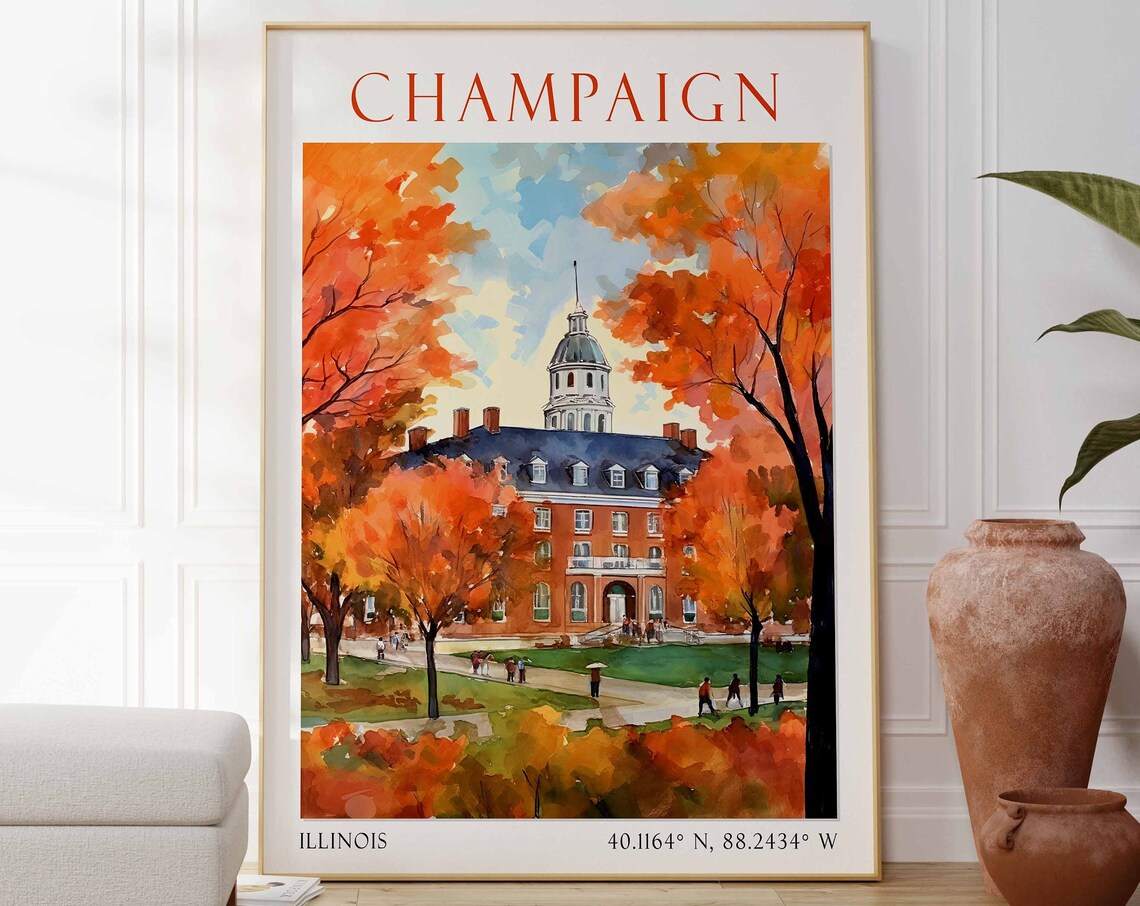 Champaign Illinois Travel Poster College Campus Autumn View Art