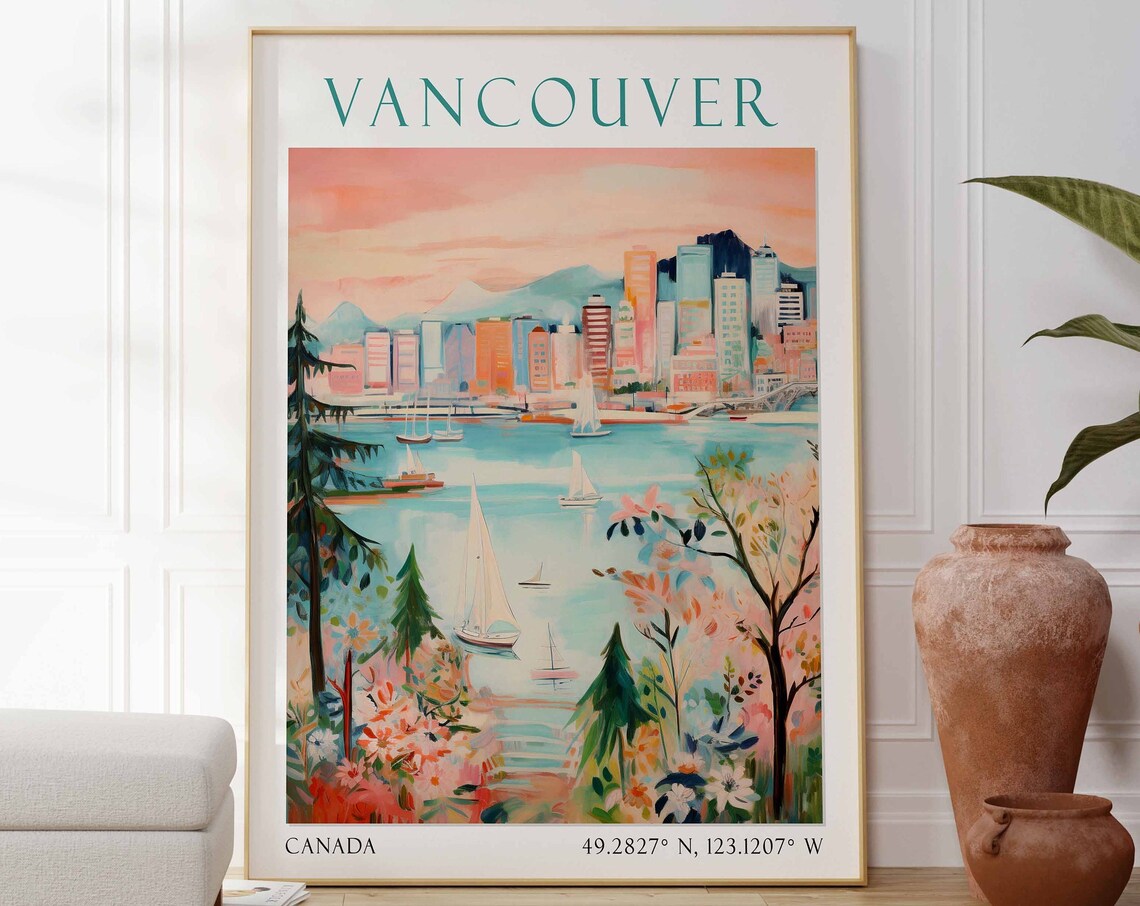 Vancouver Harbor Skyline Sailboats Blossom Canada Travel Poster