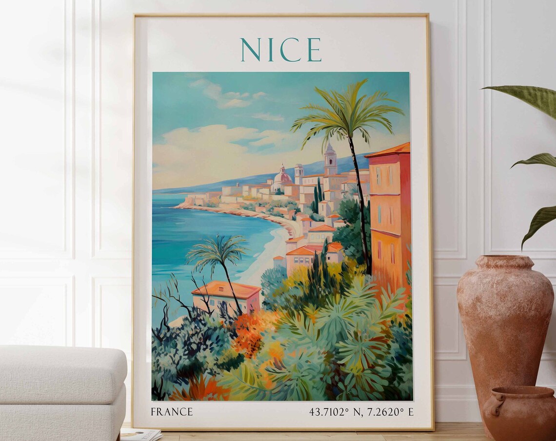 Nice Mediterranean Coast Palm Trees Riviera France Travel Poster