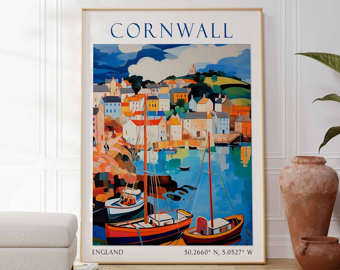 Cornwall England Travel Poster Colorful Harbor Town View Art