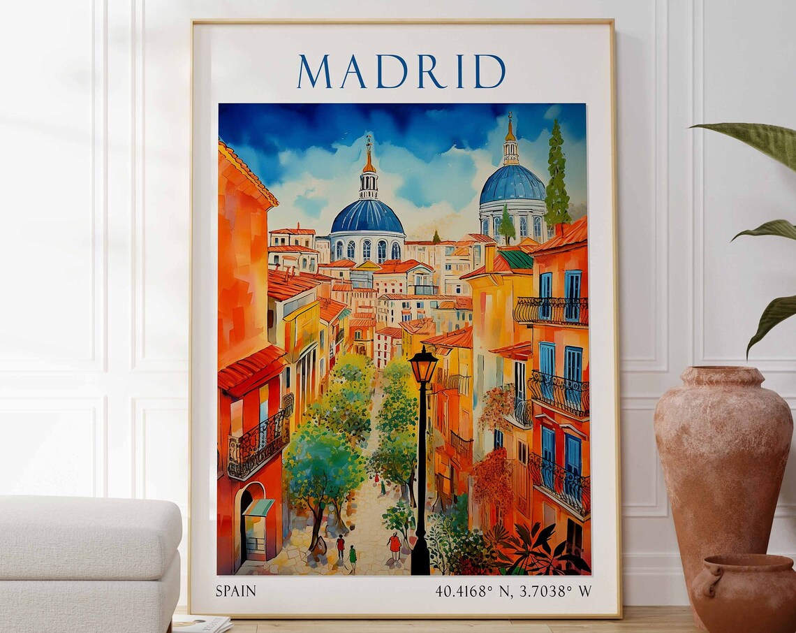 Madrid Spain Travel Poster Blue Domed Cathedral Street Scene