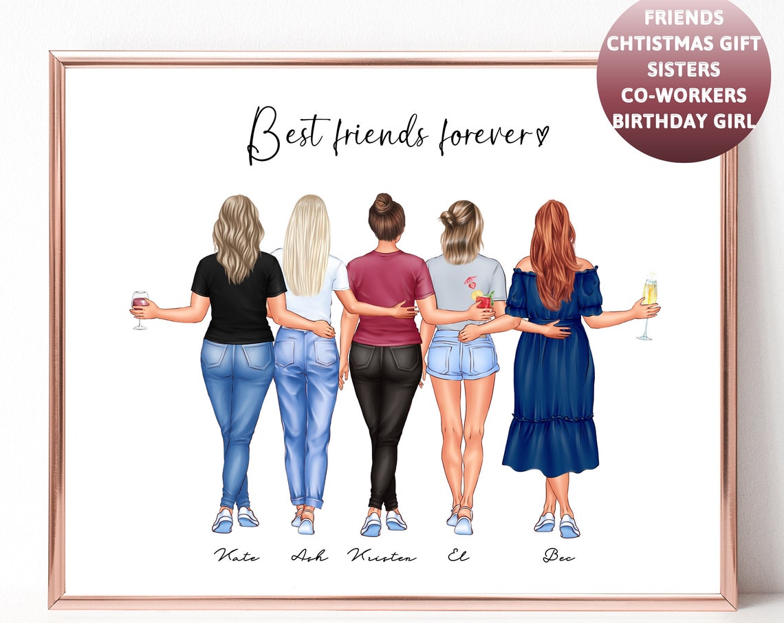 Best Friends Forever Five Women Custom Portraits Gift Poster