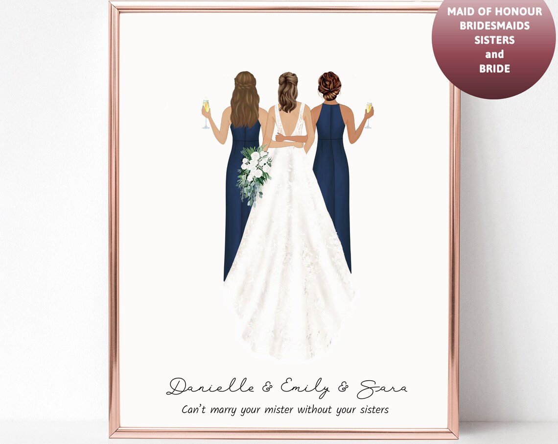 Bride With Two Bridesmaids Navy Gowns Champagne Toast Wedding Poster
