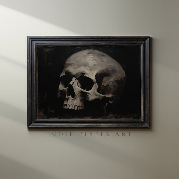 Human Skull Dark Moody Oil Painting Gothic Halloween Spooky Poster