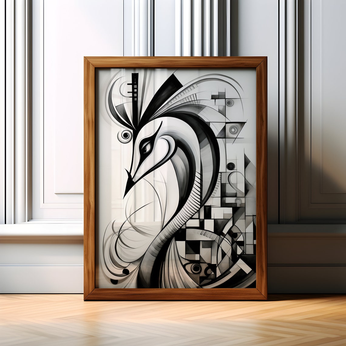 Black and White Abstract Elegant Swan Cubist Modern Bird Wall Print