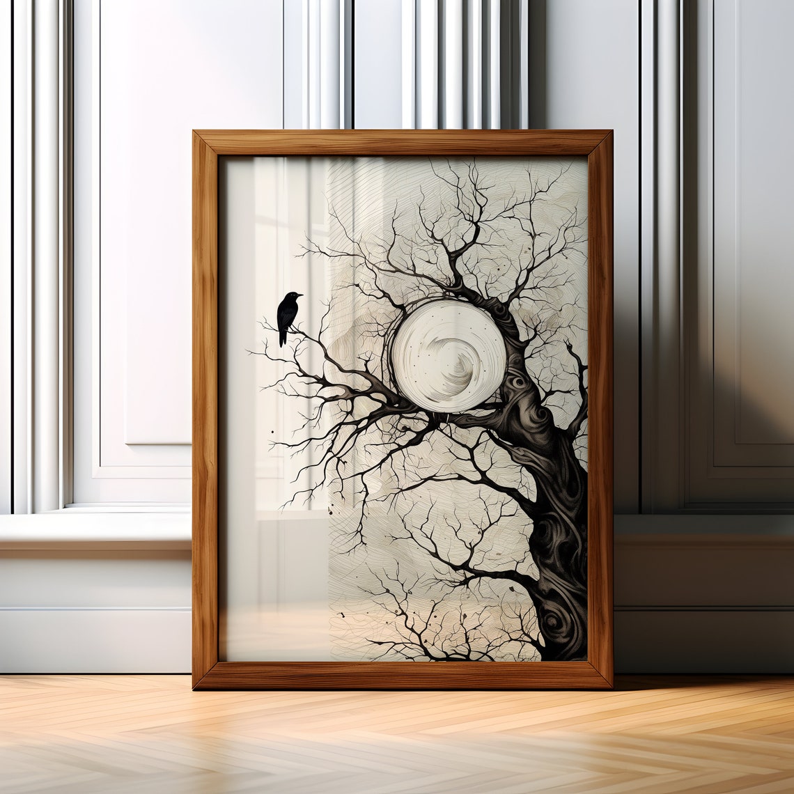 Gnarled Tree with Bird and Moon Gothic Ink Night Sky Poster Art