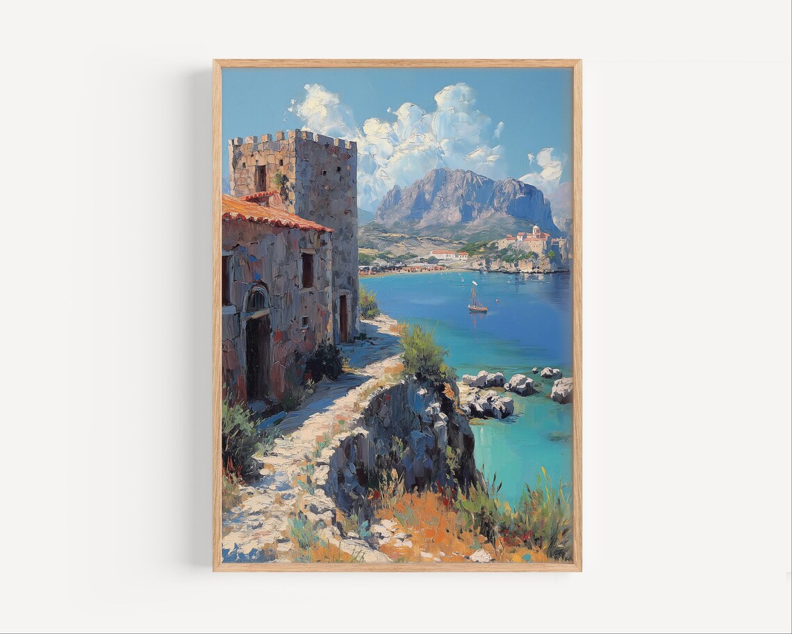 Rhodes Greece Ancient Stone Tower Coastal Bay Oil Painting Poster