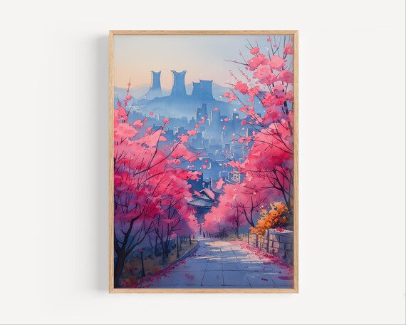 Cherry Blossom Trees Seoul South Korea Spring City View Poster