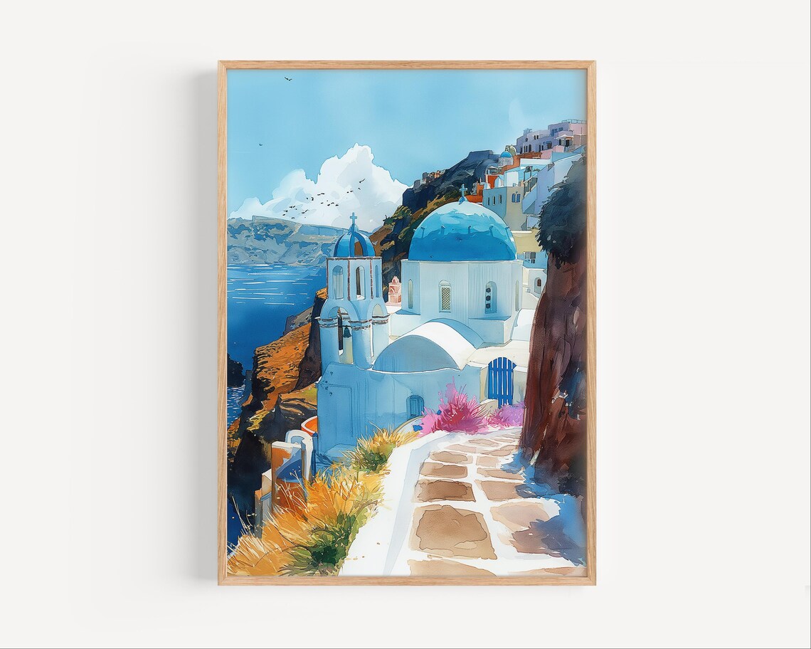 Santorini Oia Blue Domes Cliff Village Seaside Painting Poster