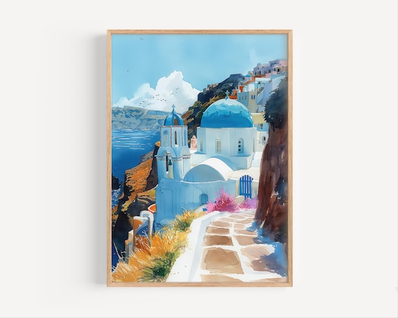 Santorini Oia Blue Domes Cliff Village Seaside Painting Poster