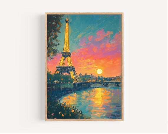 Paris Pastel Sunset Painting Eiffel Tower Poster Print Or Canvas Abstract Decor France Art Gift Seine River