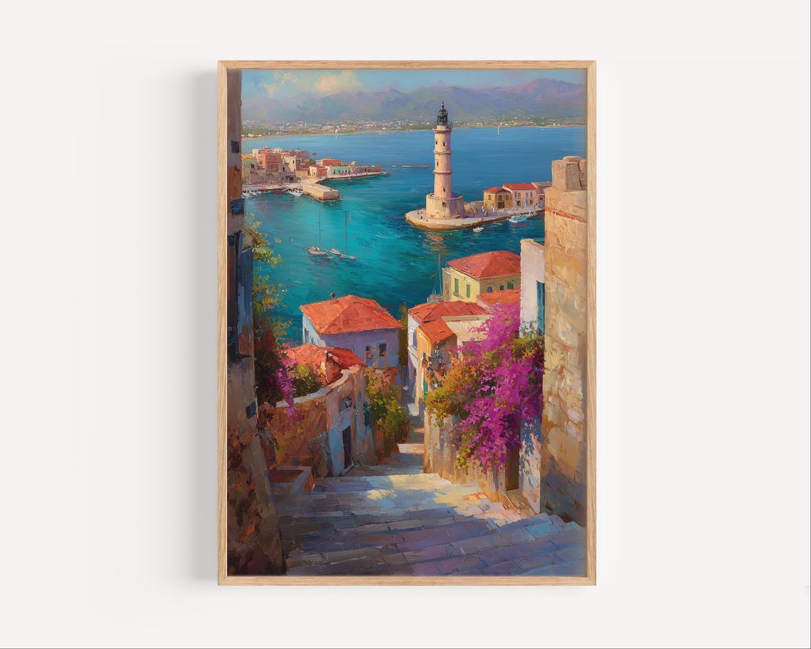 Rethymno Greece Harbor Lighthouse Turquoise Water Oil Painting Poster