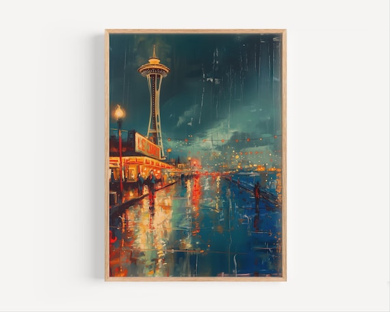 Seattle Nighttime Cityscape Space Needle Oil Painting Washington State Travel Poster Print Or Canvas Pnw Dark Wall Art Gift Usa Souvenir